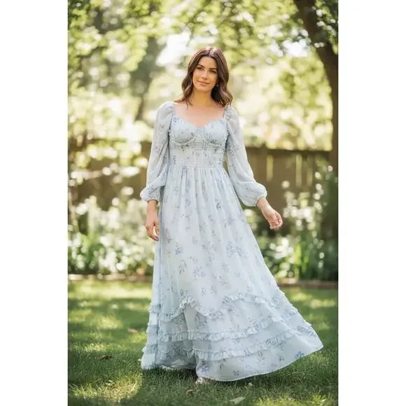 Beautiful Blue Floral Bridgerton Inspired Dress Size 8 NWOT - Picture 5 of 5